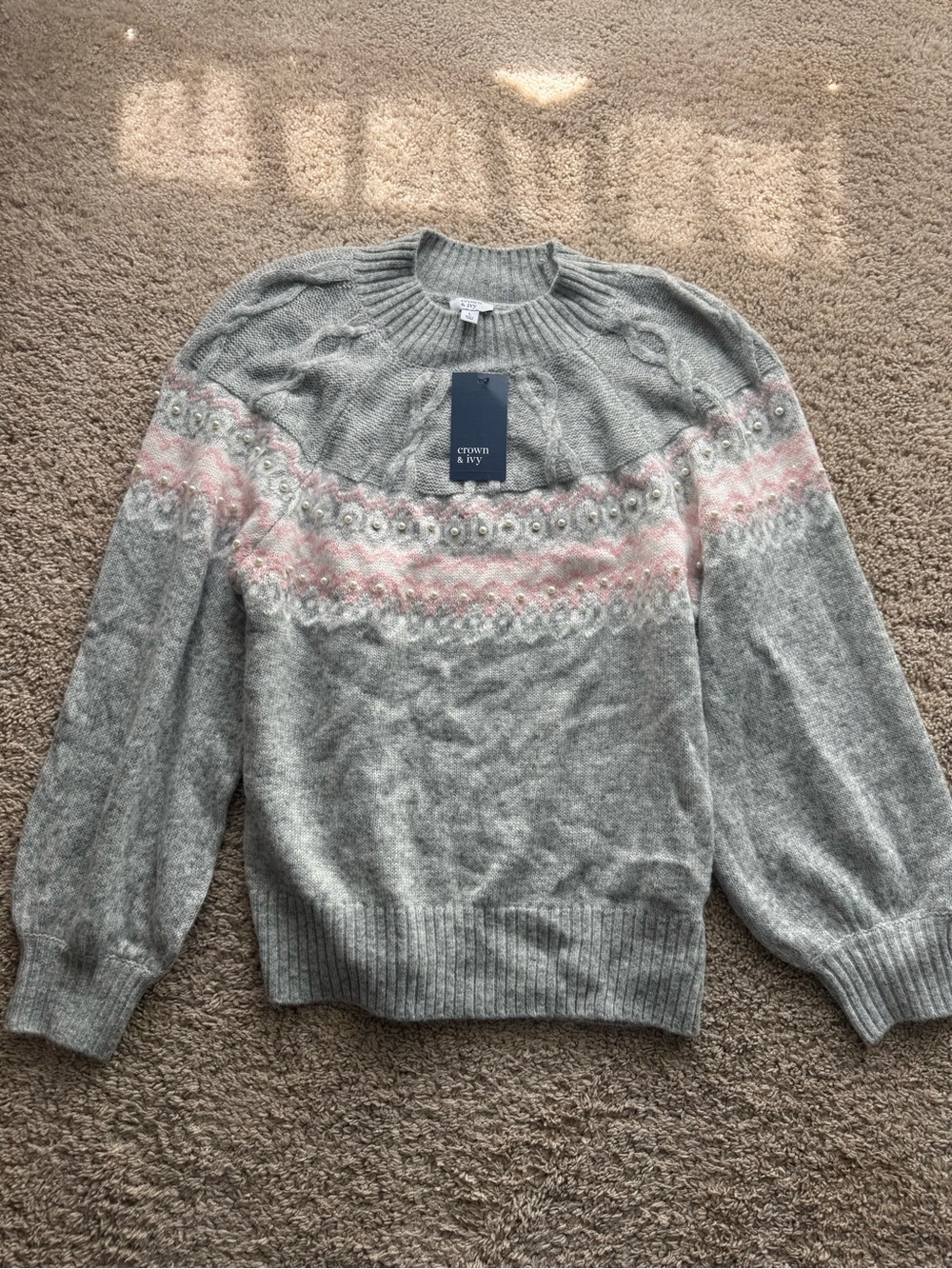 Crown & Ivy Grey Pink Fair Isle Pearl Sweater-Large